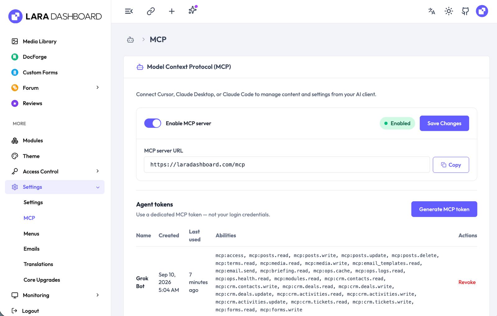 Lara Dashboard MCP settings