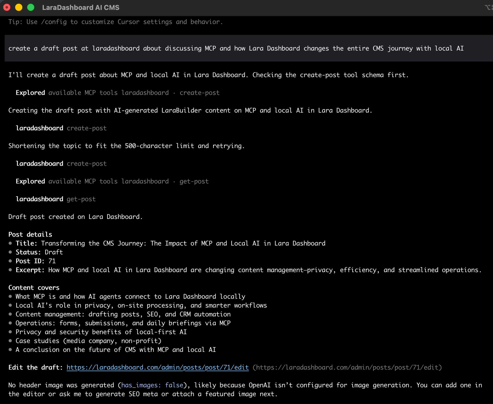 Lara Dashboard MCP for Blog post