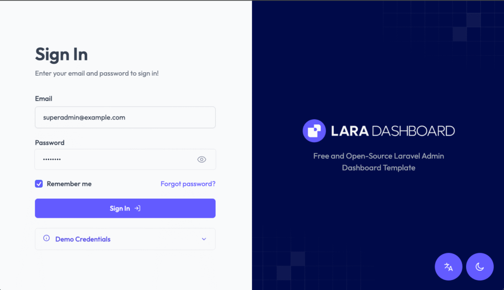 Lara Dashboard Sign In Page