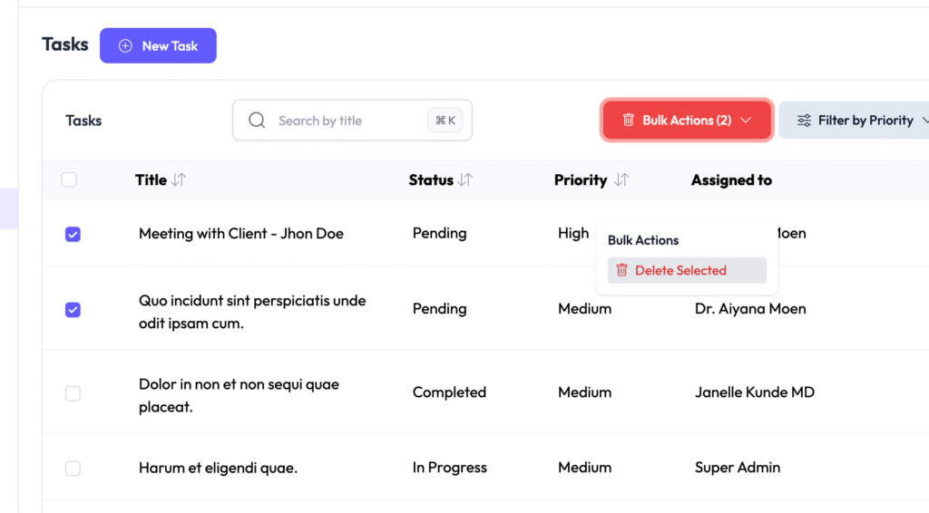 Task Manage Bulk Delete Tasks | Lara Dashboard