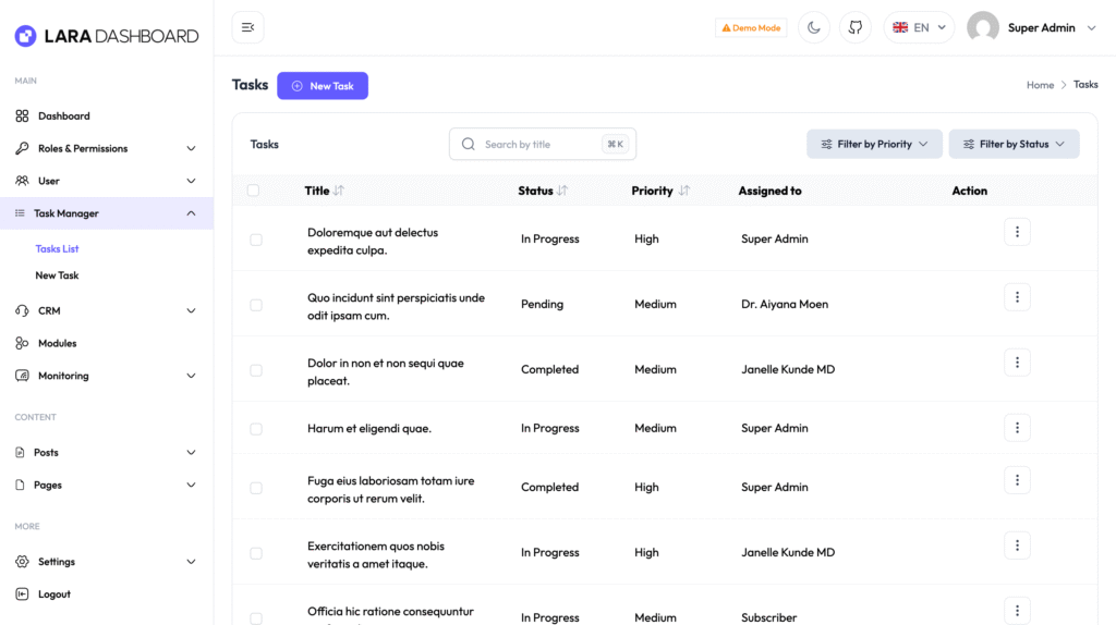 Task Management Module | Lara Dashboard