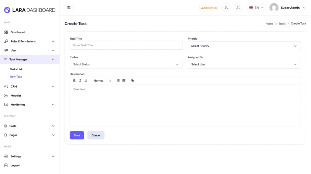 Task Manager Module Create | Lara Dashboard